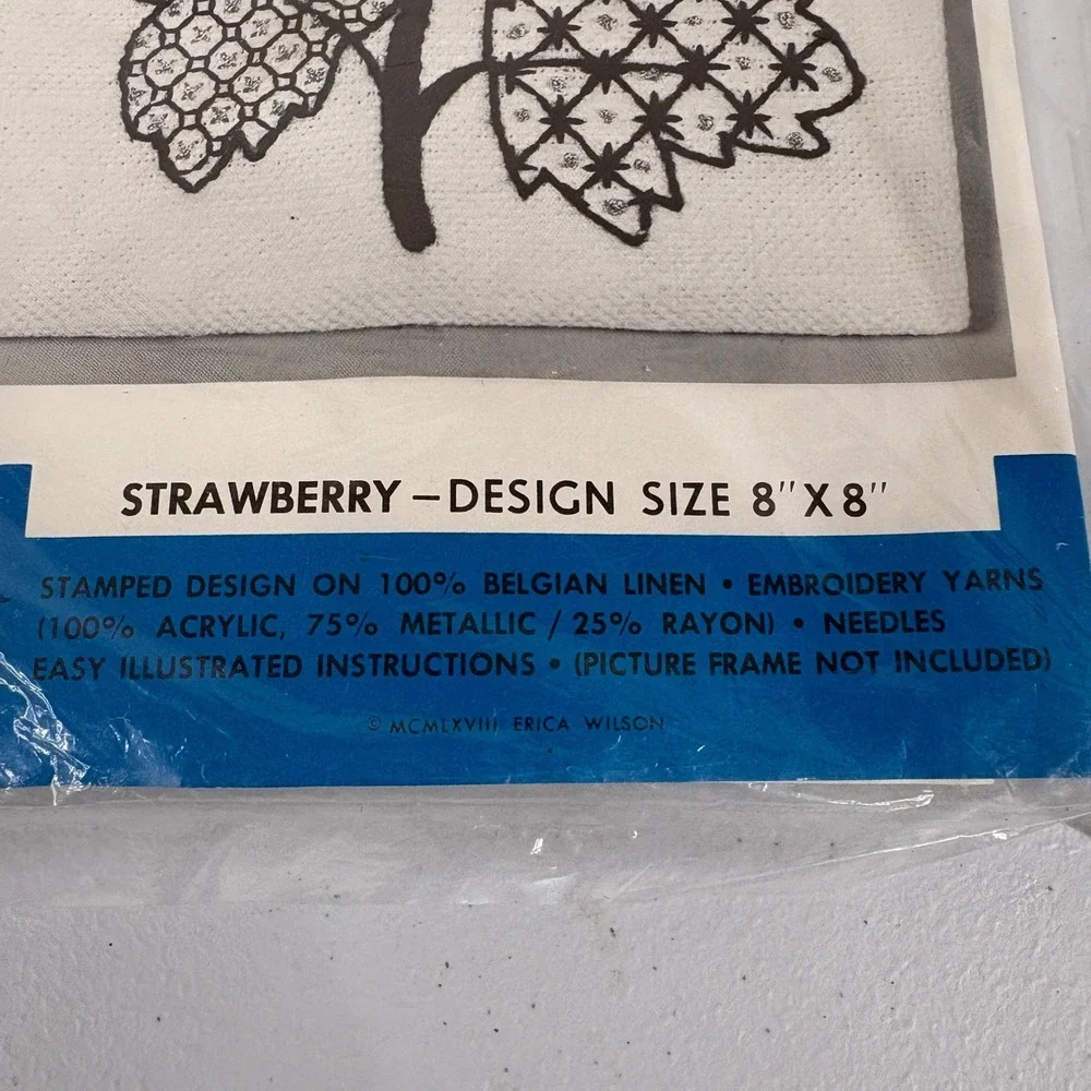 RARE Erica Wilson Blackwork Embroidery Kit Strawberry Bee 1968 Linen Metalic MCM